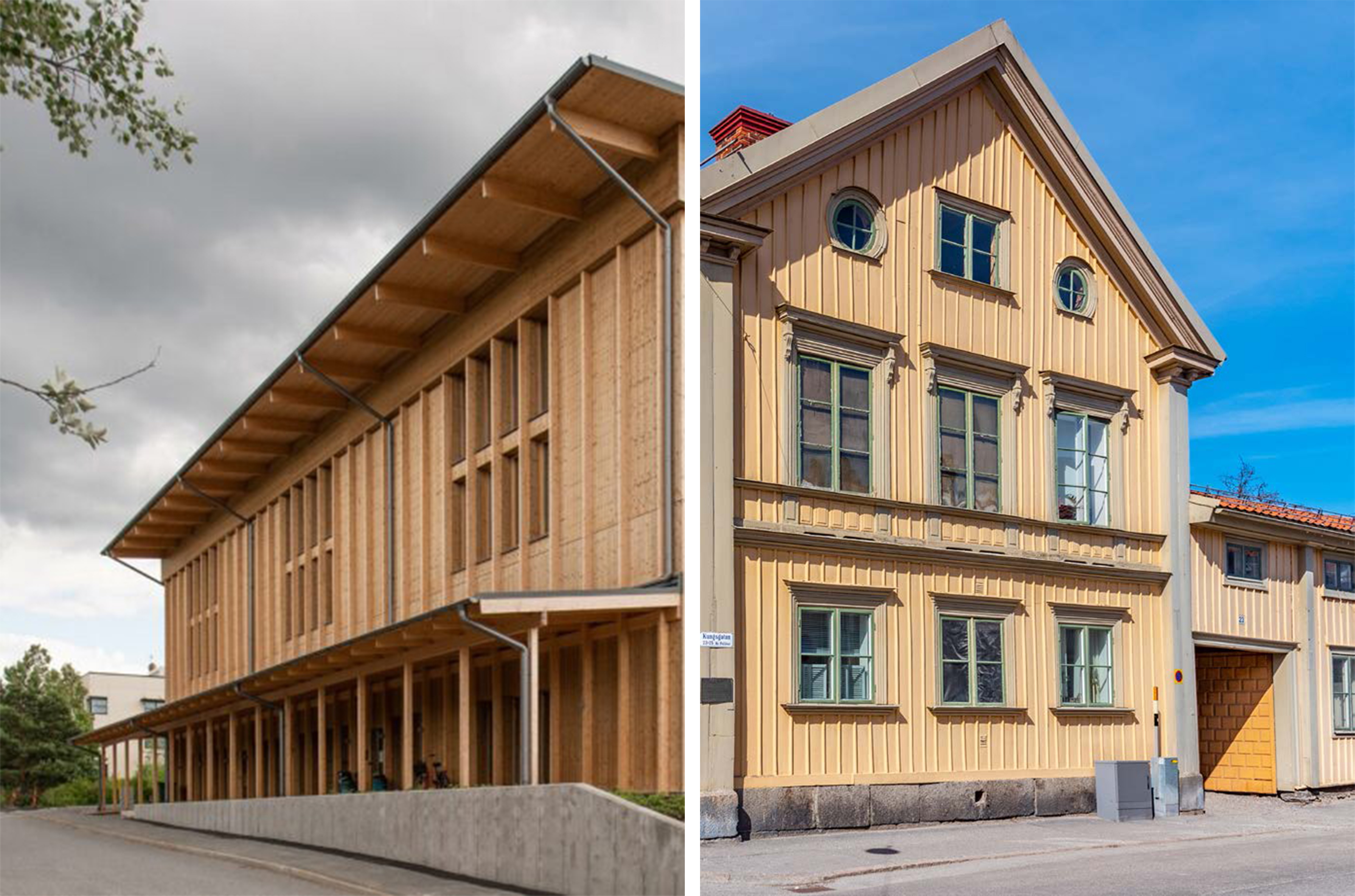 Bild föreställande en modern träbyggnad bredvid ett exempel på en äldre byggnad i Nora