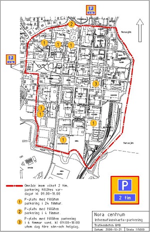 Karta över parkeringszoon för P-skiva i Noras centrum