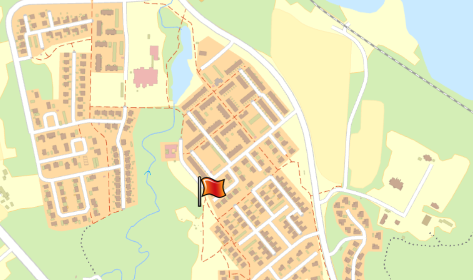 Kartbild som visar lekplatsens placering vid rättarvägen på övre Hitorp. platsen markeras med röd flagga