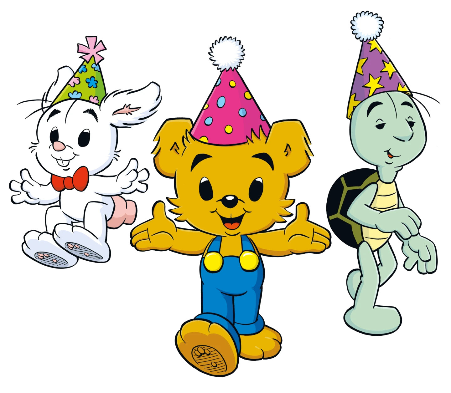 Kalasklädda vänner: Lille Skutt, Bamse och Skalman.