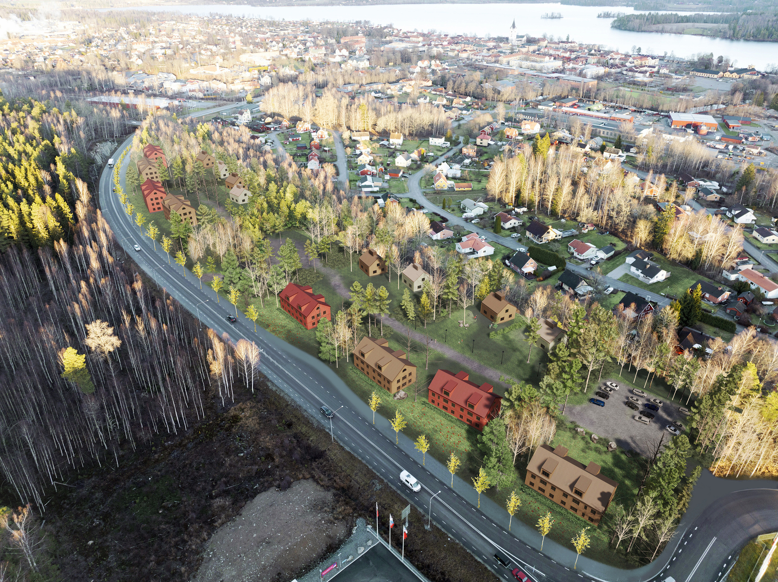 Vision av hagaskogen med fyrvåningshus som har sadeltak och är i trä.