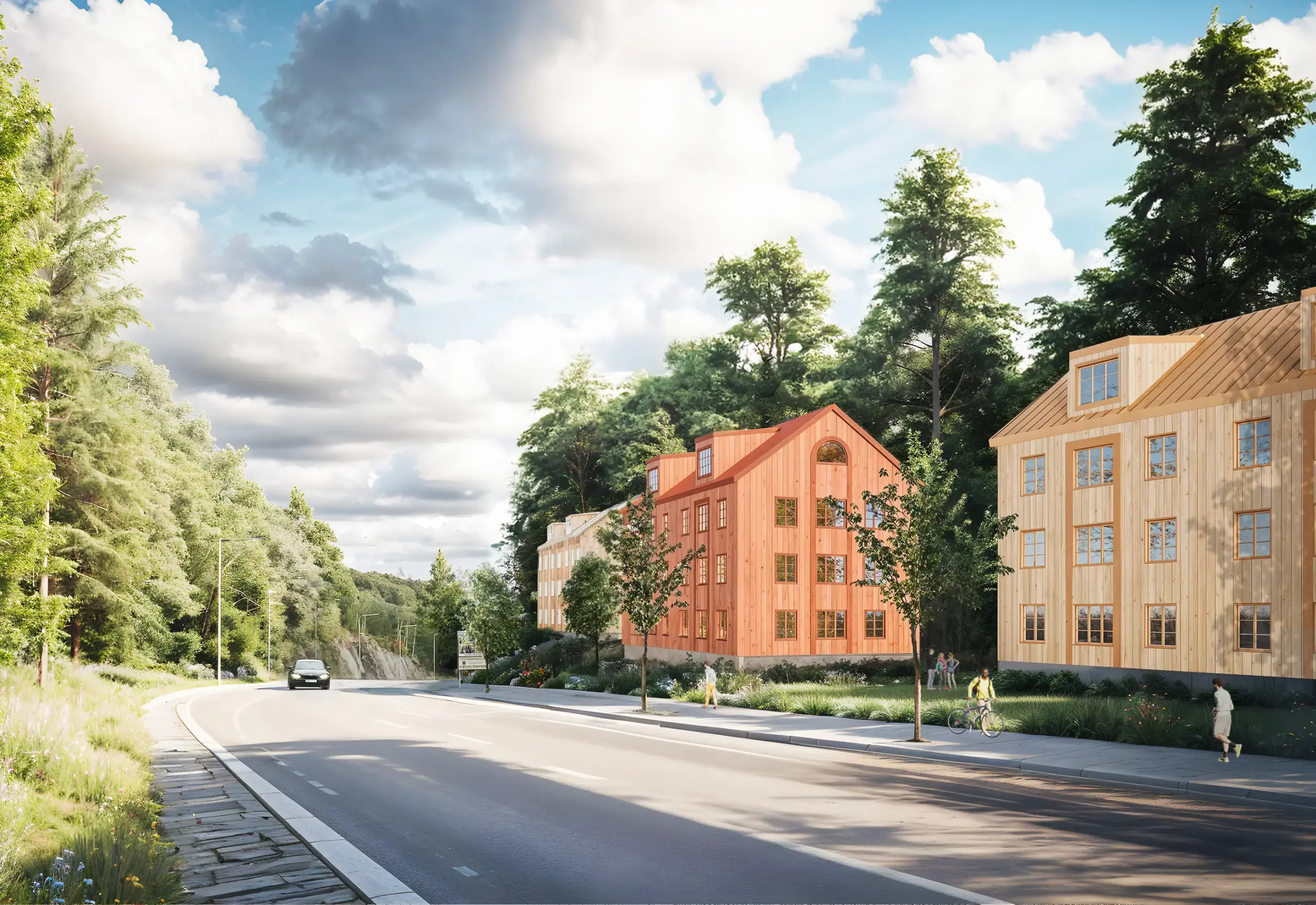 BIlden är en visionsskiss med fyrvåningshus belägna längs storgatan i Nora, husen är i trä och har sadeltak.
