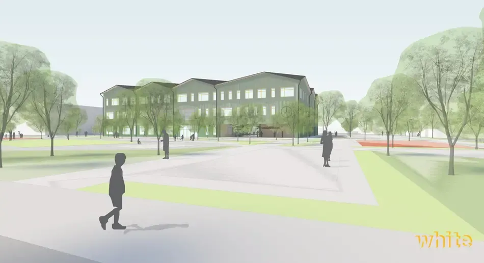 En datorgenererad bild som föreställer en ny skola på tre våningar. Huset är klätt med träpaneler och har en grön färg.