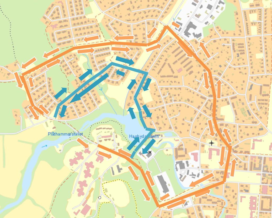 Kartbild visar omledning av trafik. läs nedan bilden vilka vägar som det leds om via.