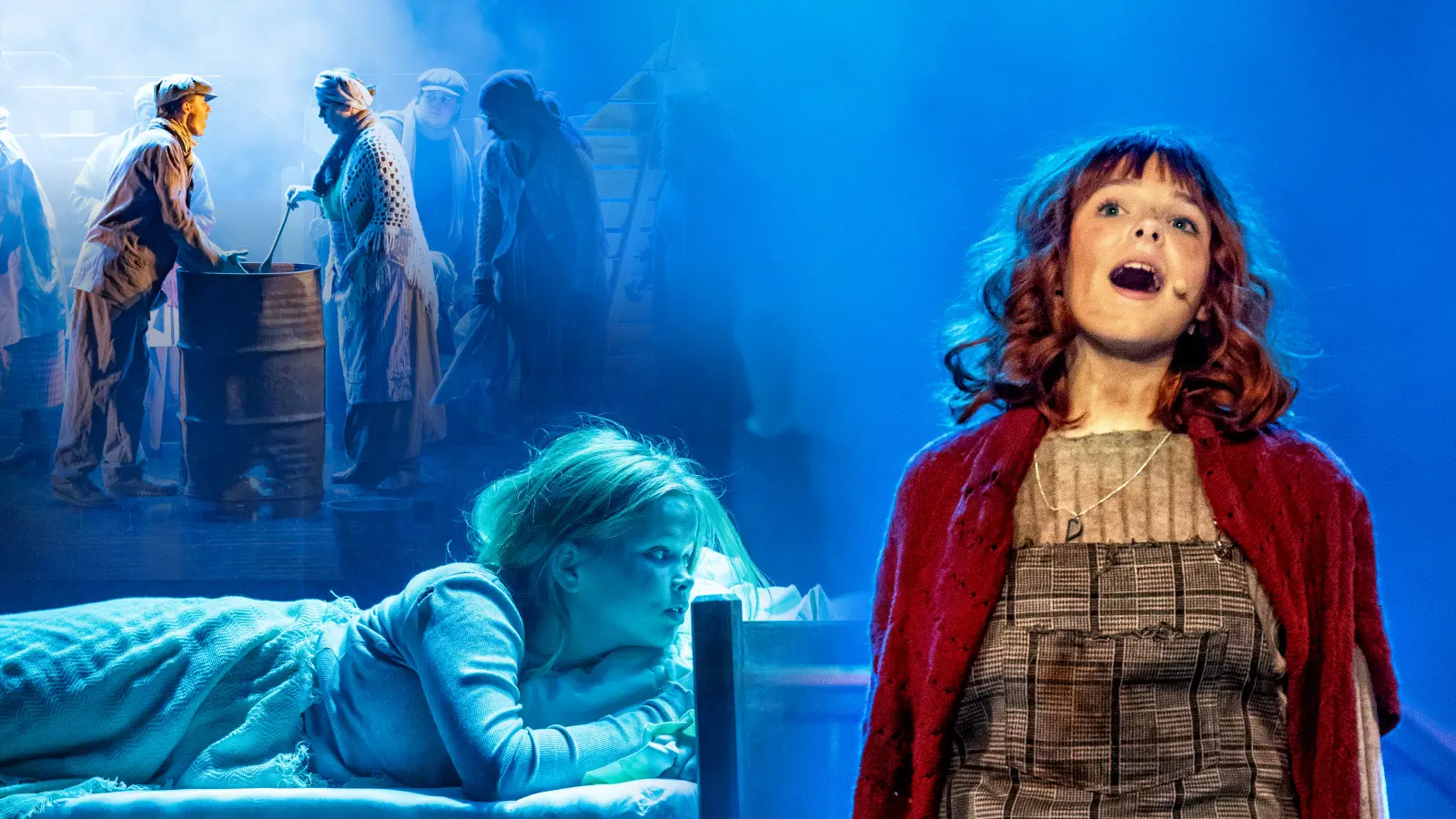 Tre scener ur musikalen Annie mot blå bakgrund. Folksamling runt en trätunna. En flicka i en säng. Anni i smutsiga kläder sjunger.