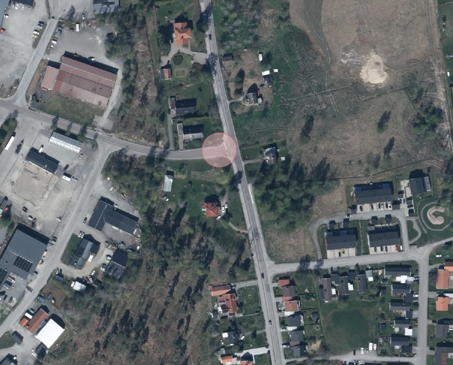 Kartbild som visar platsen för avstängningen med en röd cirkel.