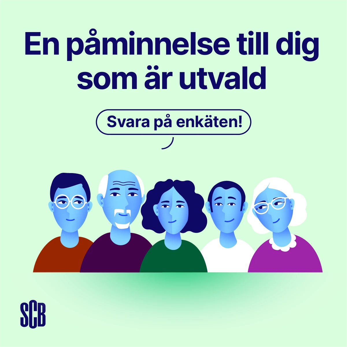 Illustration med fem personer i olika åldrar mot ljusgrön bakgrund. Överst står texten ”En påminnelse till dig som är utvald” och ”Svara på enkäten!”. SCB:s logotyp syns längst ner till vänster.