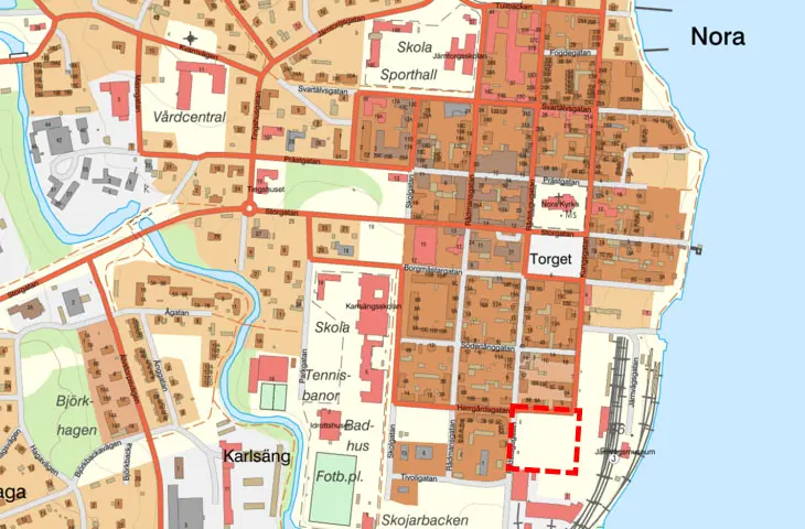 Karta centrala Nora. Residenset 1 är markerad.